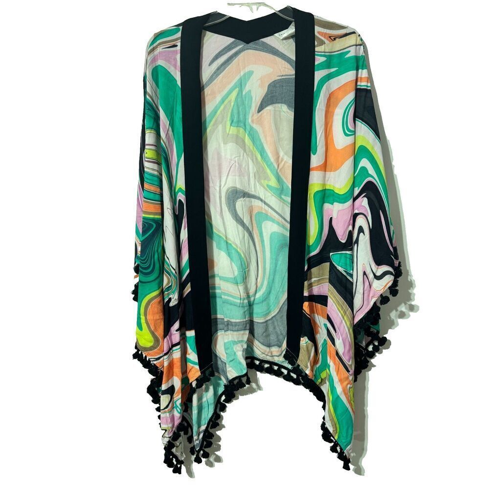 Trina Turk Nazare Kimono Open Front Tasseled Asymmetric Hem Swimsuit Cover Up OS
